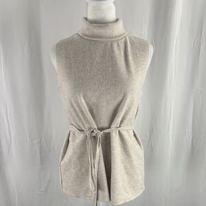 Sleeveless Beige Turtleneck Top with Tie Waist